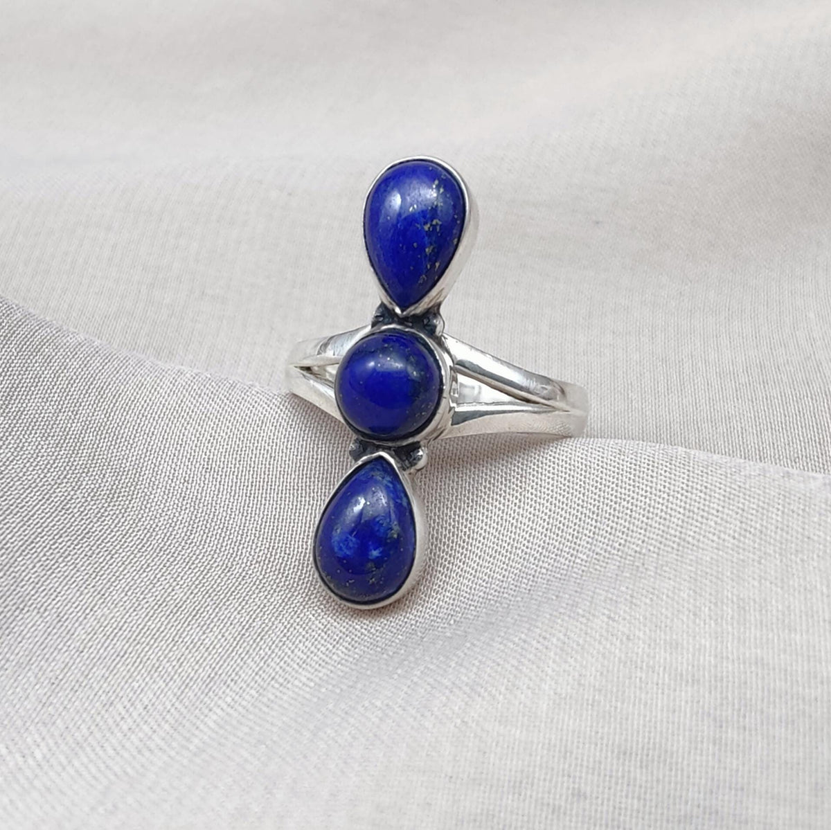Lapis Lazuli Ring 925 Sterling Silver Triple Stone Boho Jewelry Antique Gift For Her
