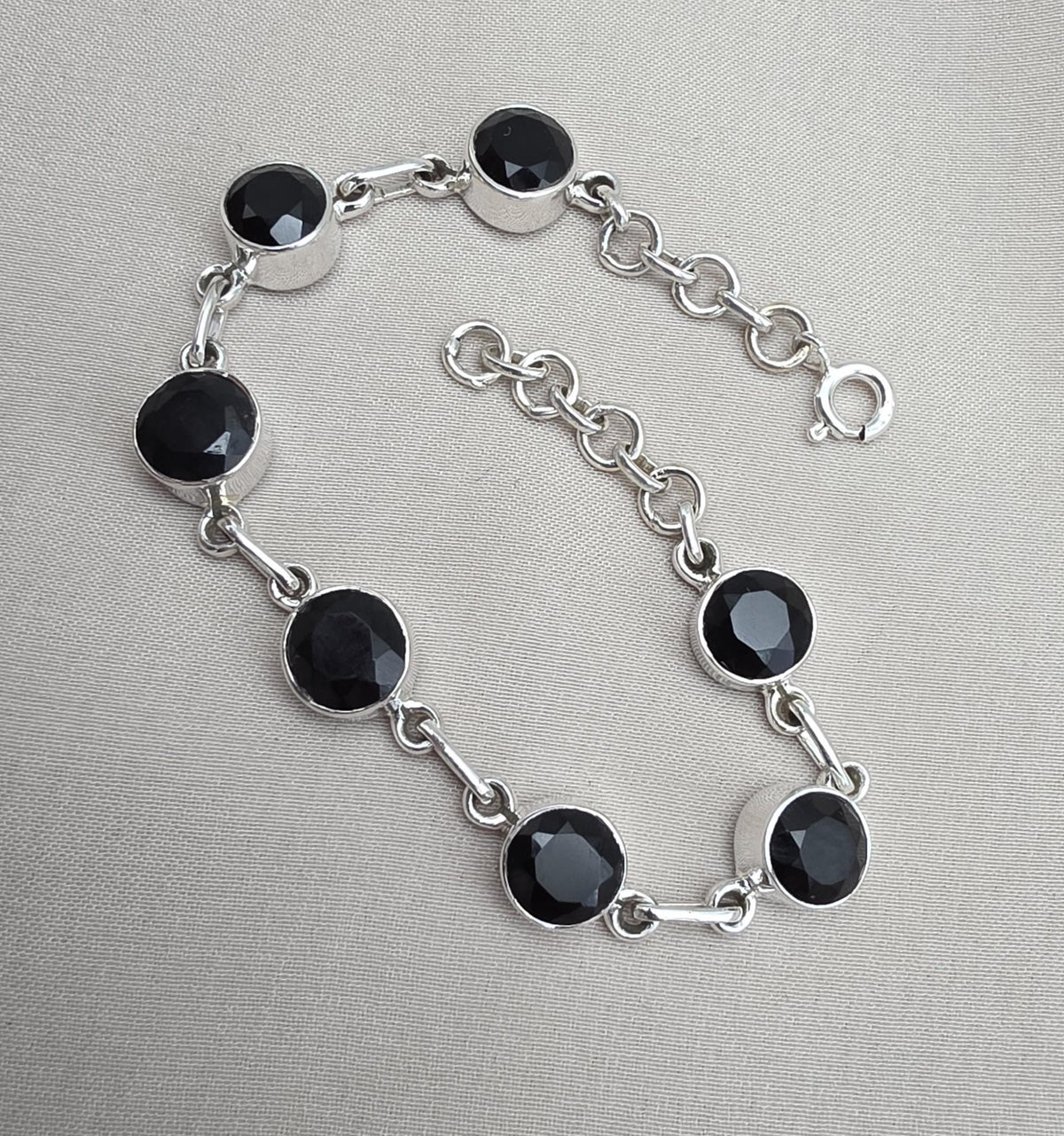 Black Onyx Bracelet 925 Sterling Silver Round Stone Link Bracelet Handmade Jewelry