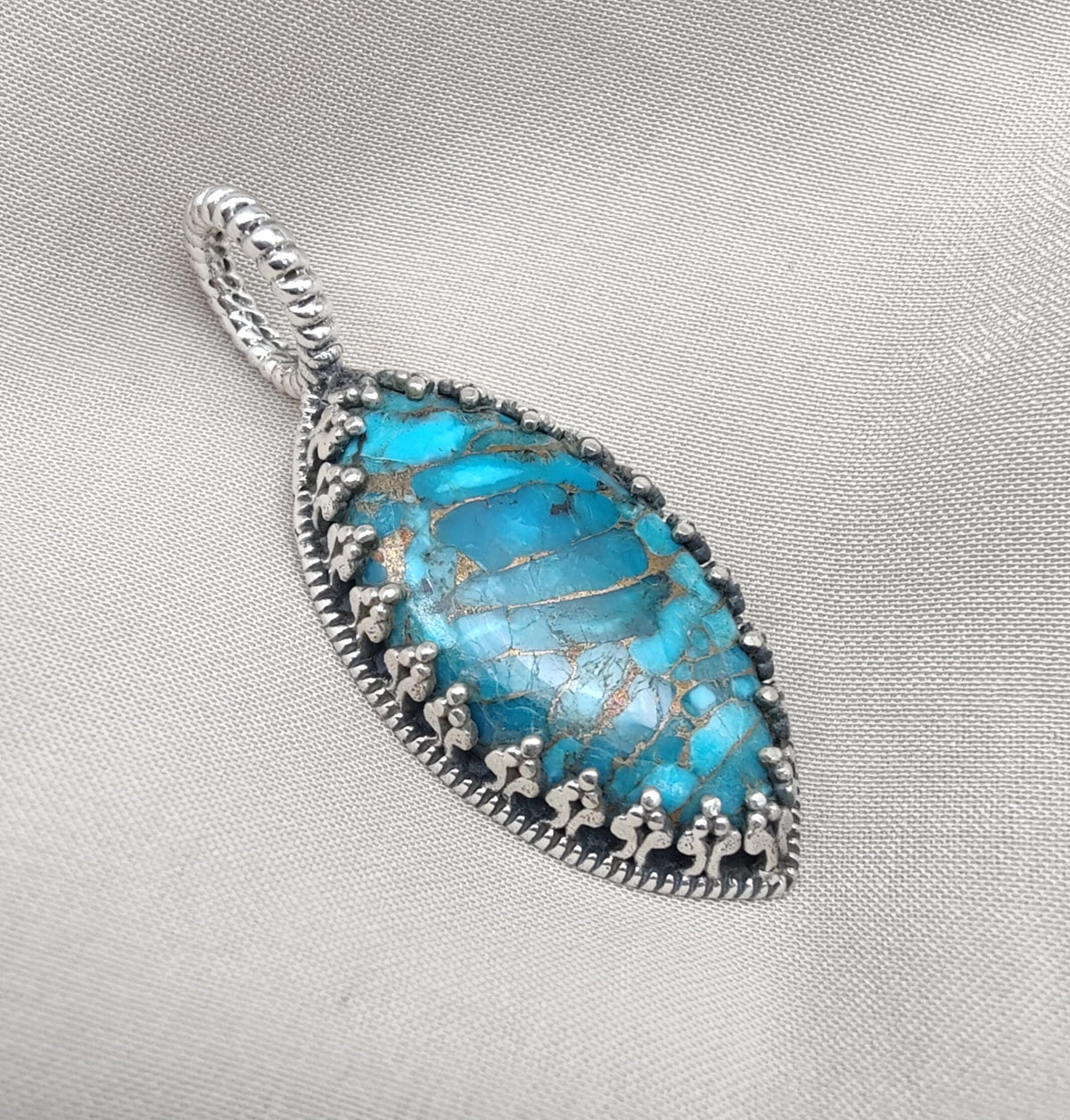 Blue Copper Turquoise Pendant: Sterling Silver Marquise Boho Necklace