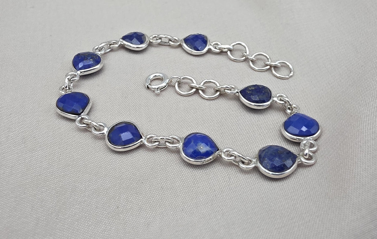Lapis Lazuli Heart Link Bracelet 925 Sterling Silver Faceted Gemstone Handmade Gemstone Jewelry
