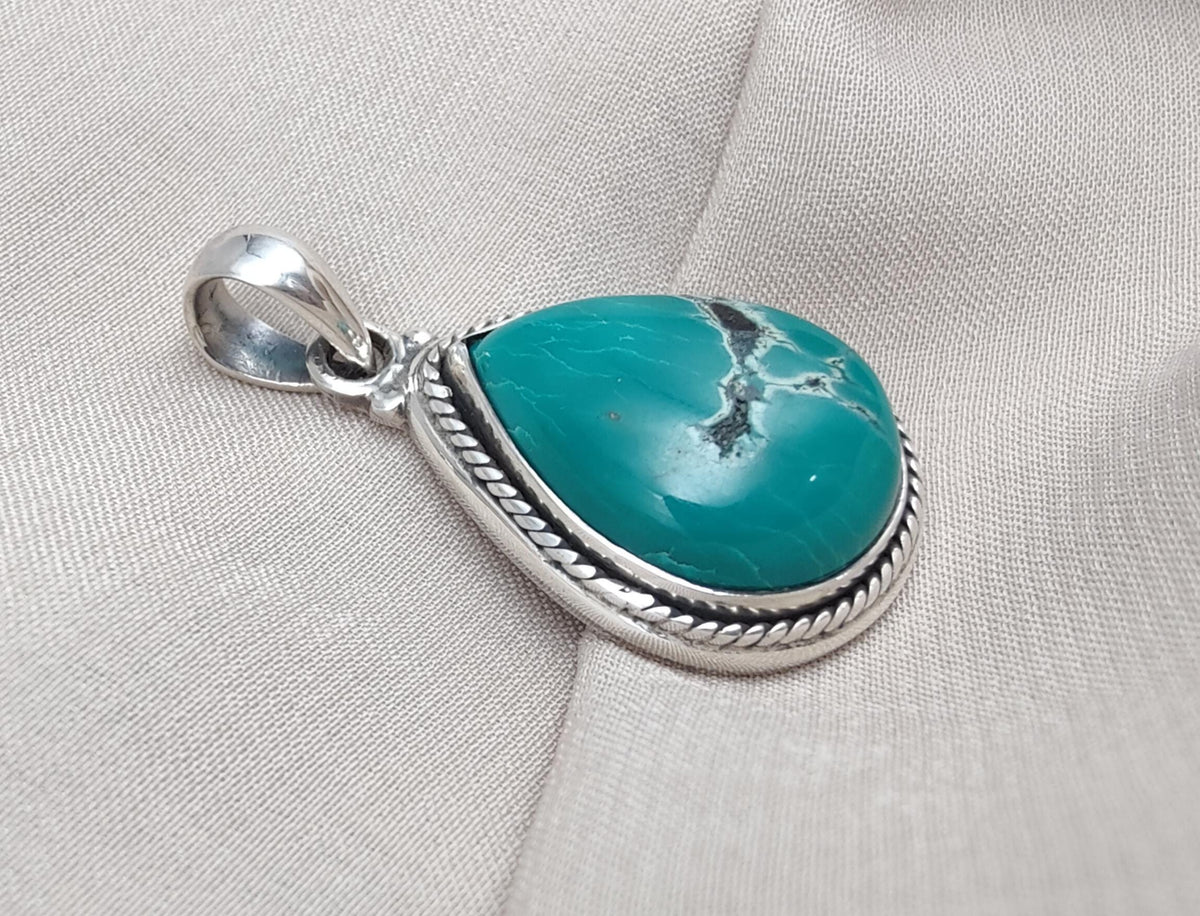Tibetan Turquoise Pear Pendant: Sterling Silver Boho Necklace
