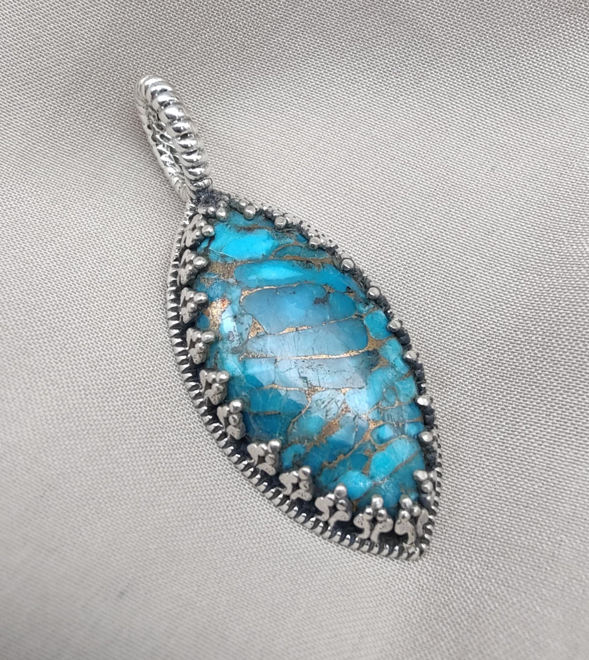 Blue Copper Turquoise Pendant: Sterling Silver Marquise Boho Necklace