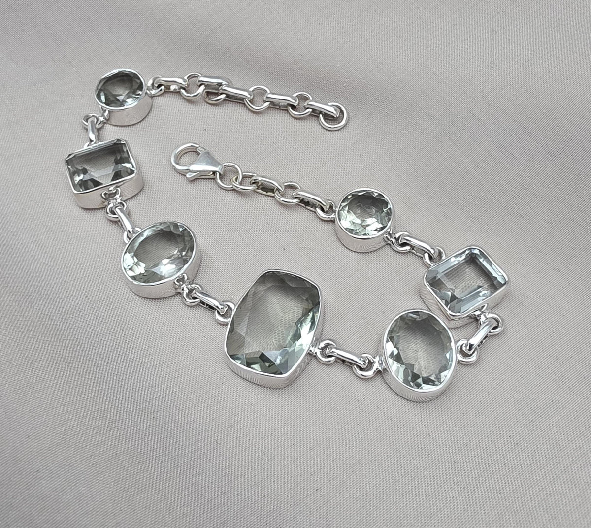 925 Sterling Silver Green Amethyst Bracelet Multi Shape Gemstone Elegant Statement Bracelet for Women