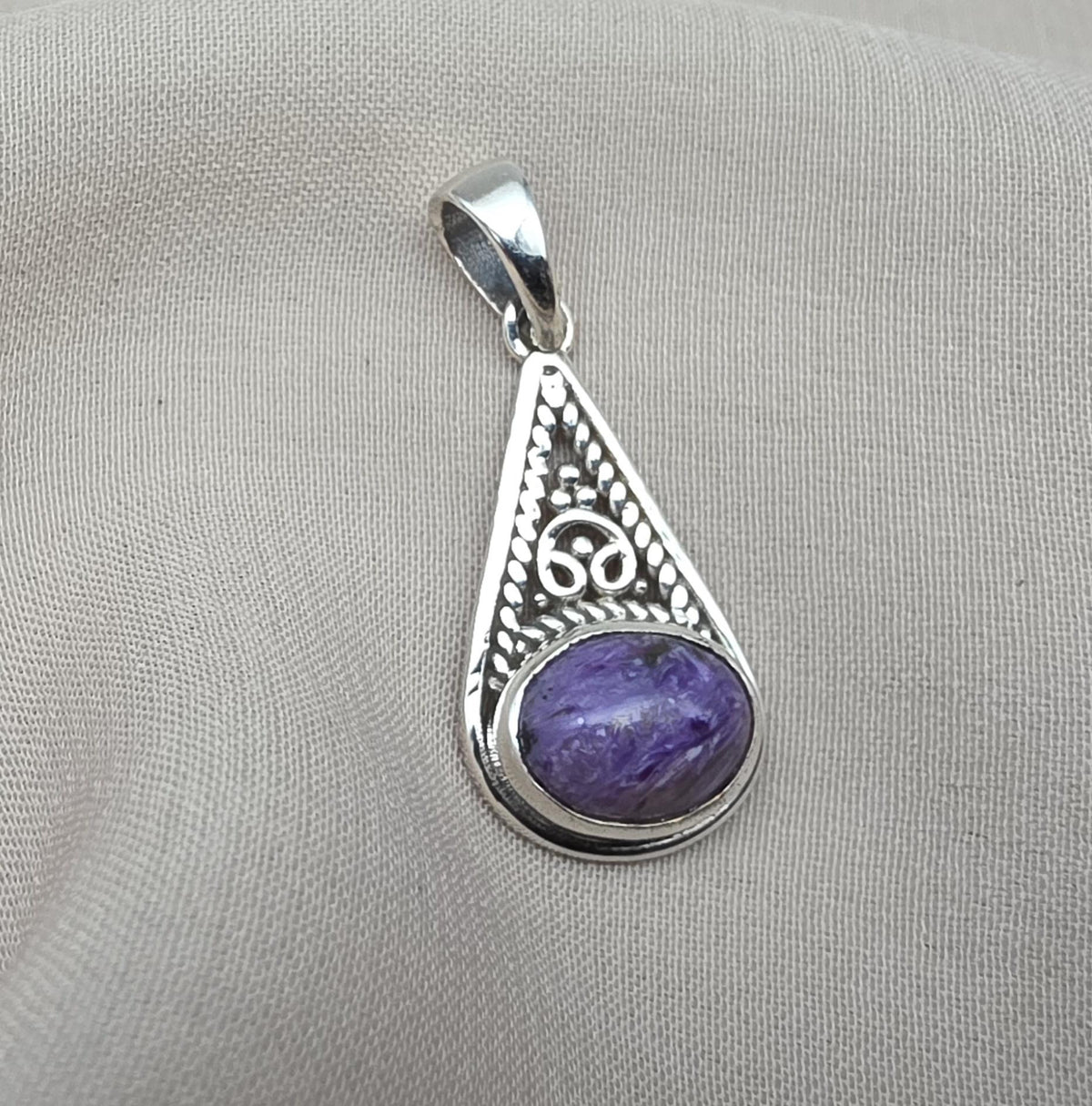 Handmade Charoite 925 Sterling Silver Pendant: Purple Gemstone Boho Necklace