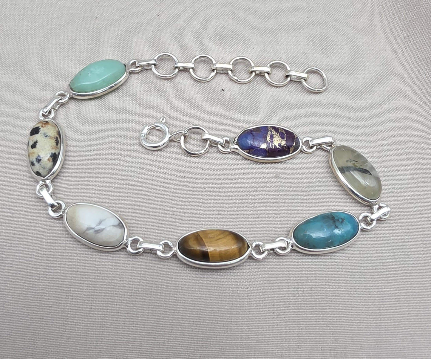 925 Sterling Silver Boho Bracelet Multi Gemstone Colorful Statement Jewelry