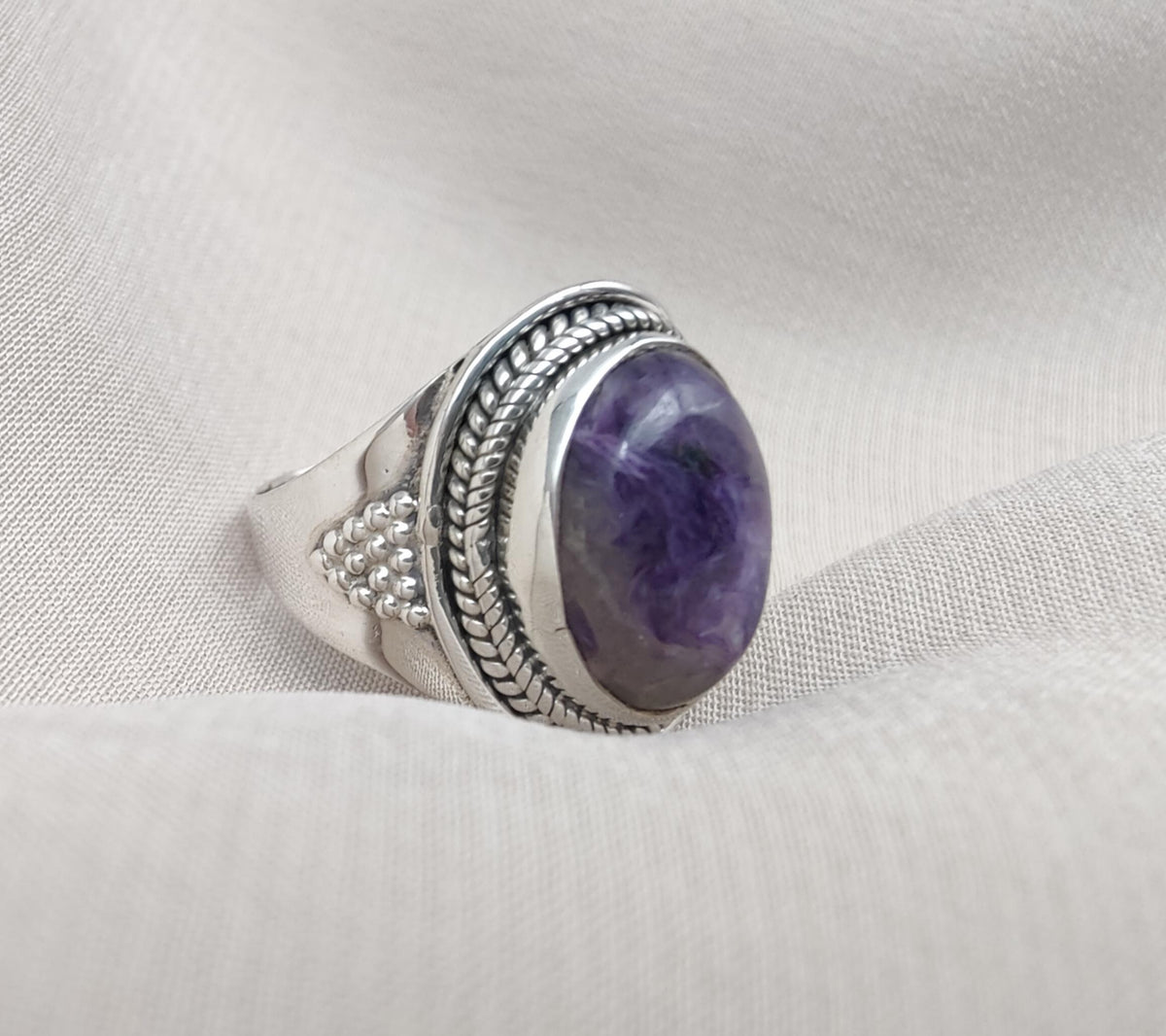 Natural Charoite 925 Sterling Silver Ring: Handmade Boho Gemstone Jewelry