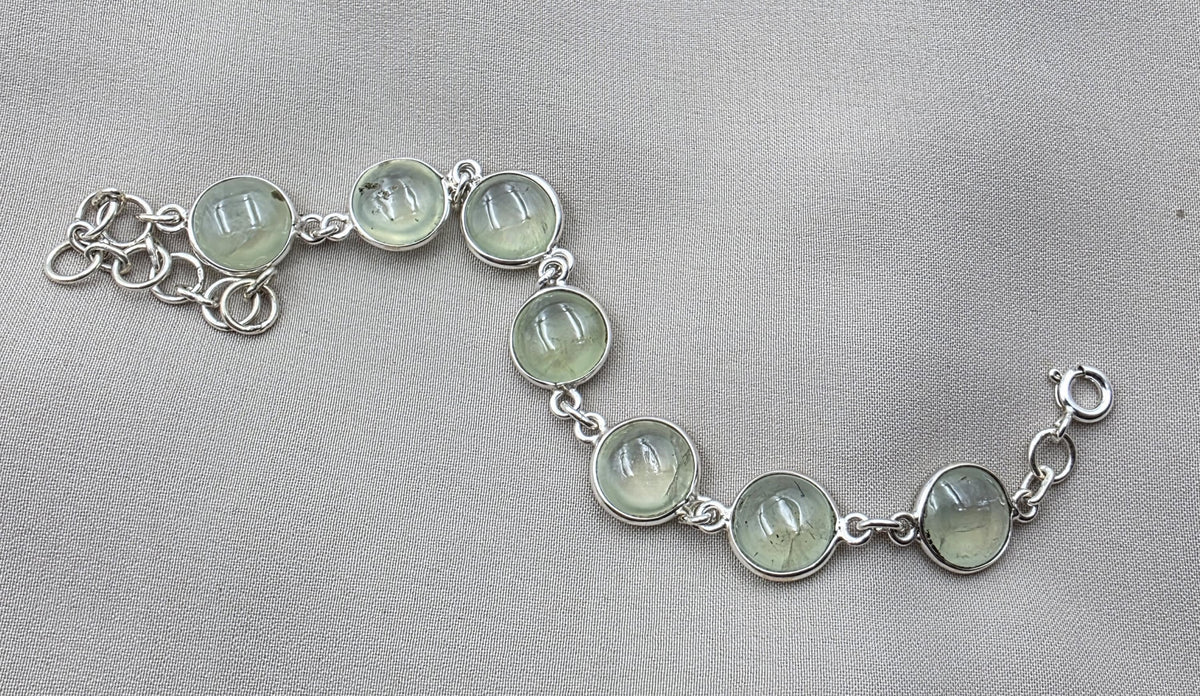 925 Sterling Silver Prehnite Cabochon Link Bracelet Handmade Gemstone Jewelry Gift for Her