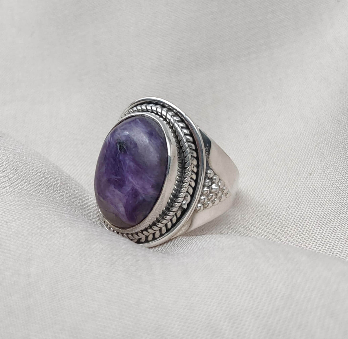 Natural Charoite 925 Sterling Silver Ring: Handmade Boho Gemstone Jewelry