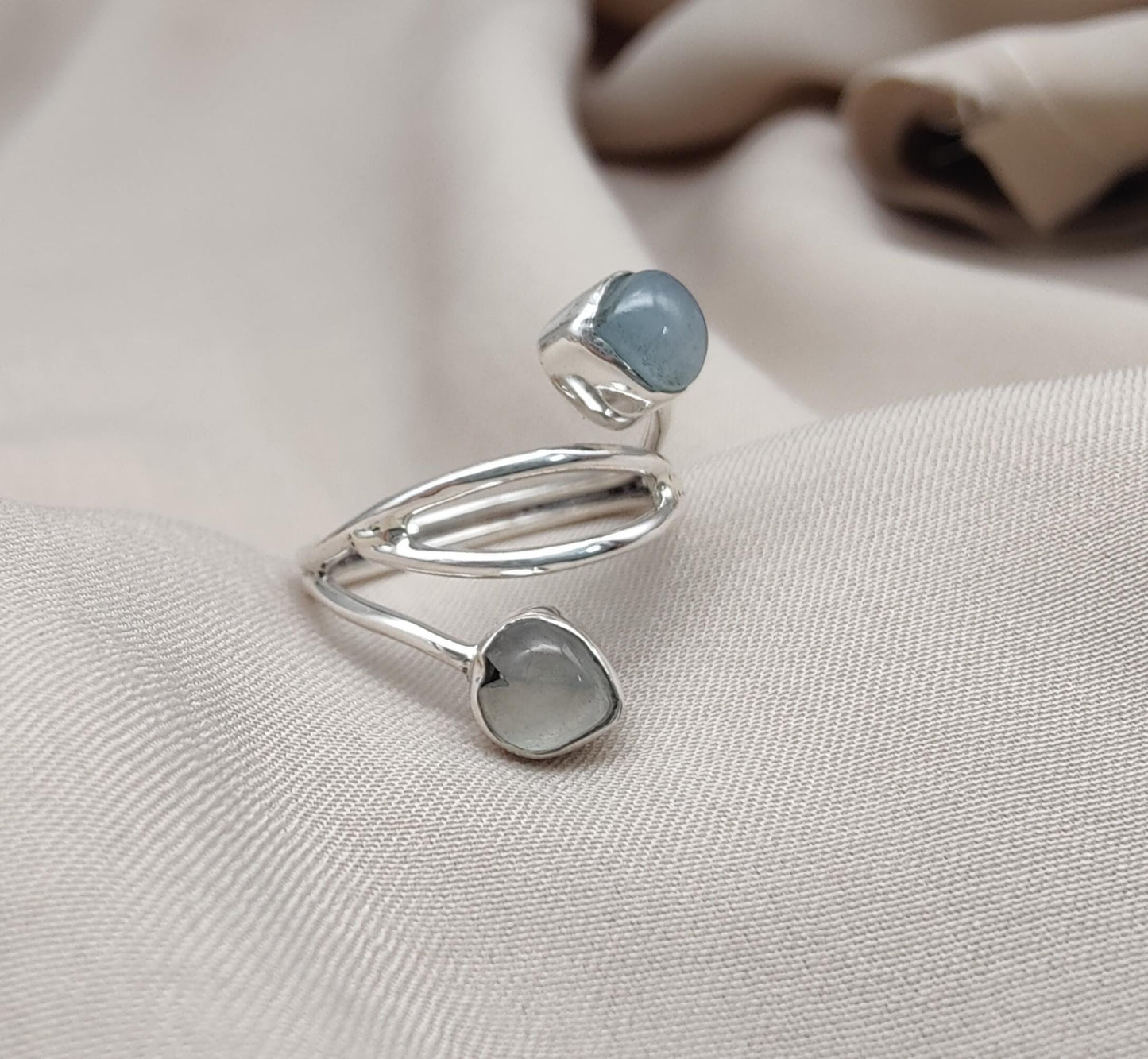 Aqua Milky Quartz 925 Sterling Silver Ring: Adjustable Open Wrap Design