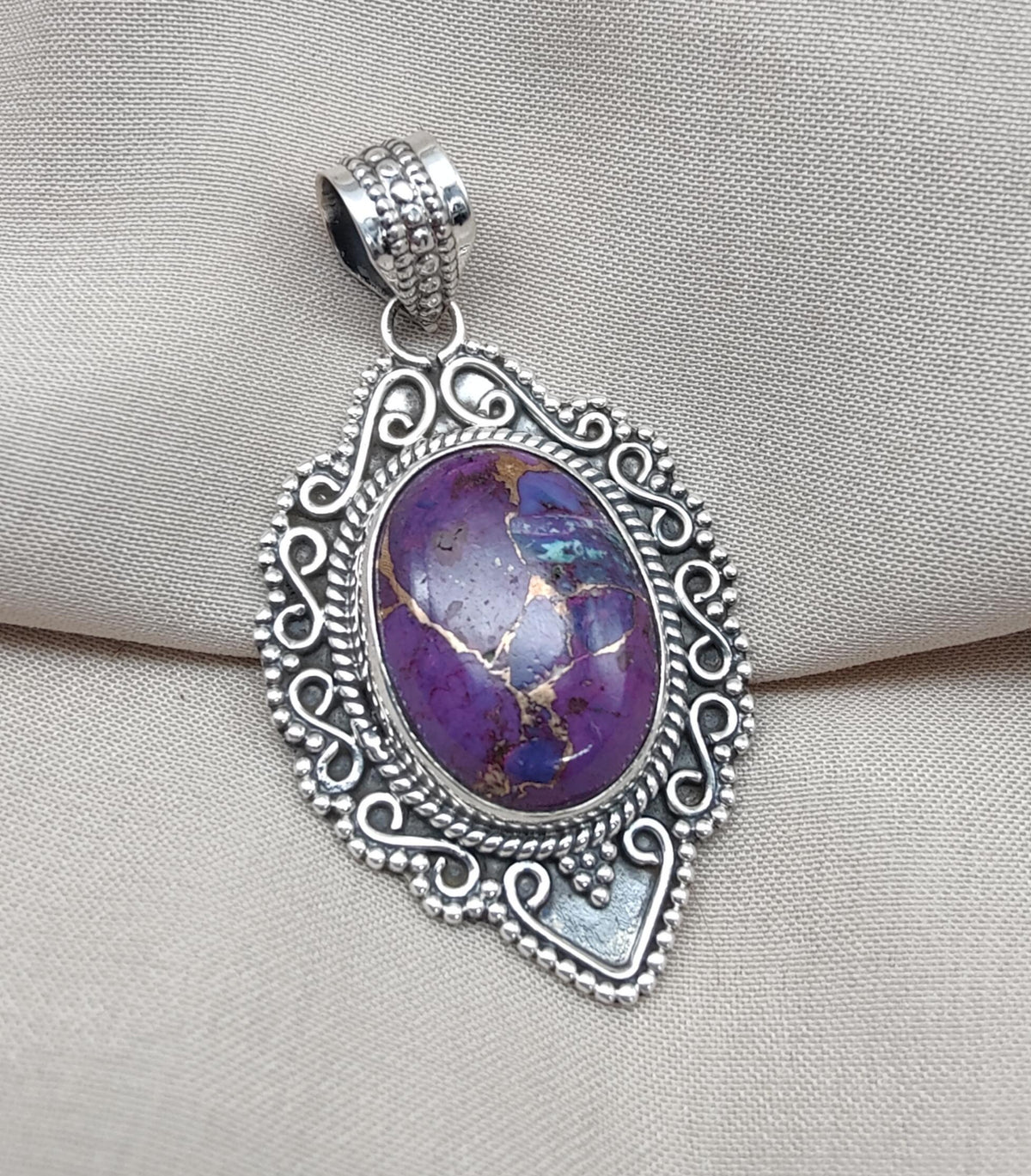Purple Copper Turquoise Pendant: Sterling Silver Boho Healing Necklace