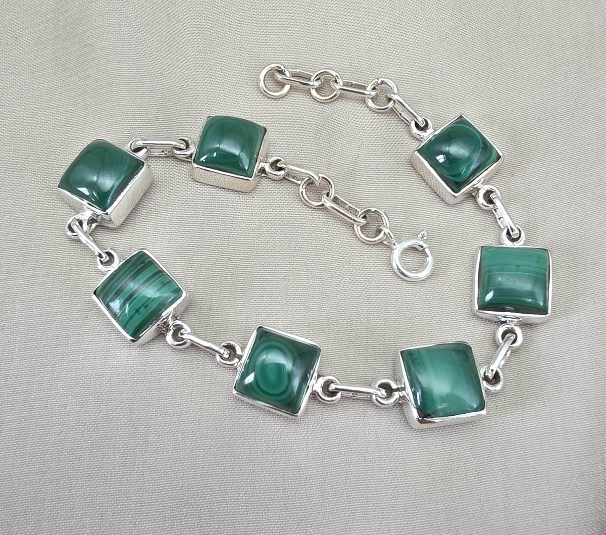 Malachite Bracelet 925 Sterling Silver Square Cabochon Link Bracelet Green Gemstone Handmade Jewelry Gift