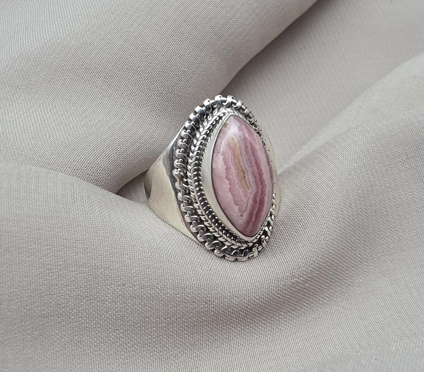 Rhodochrosite 925 Sterling Silver Ring Marquise Gemstone Boho Statement Ring Crystal Jewelry