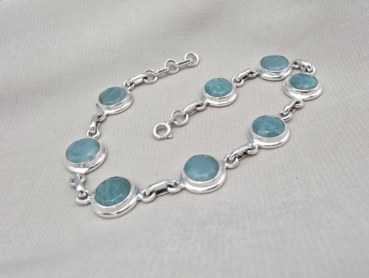 925 Sterling Silver Amazonite Bracelet Aqua Blue Gemstone Boho Vintage Bracelet for Women