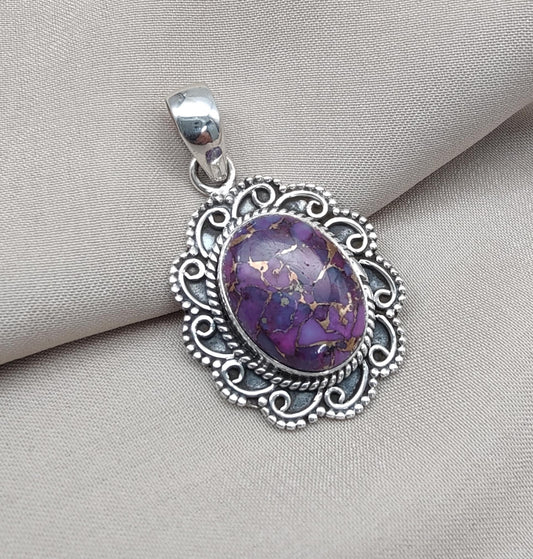 Purple Copper Turquoise Pendant: Sterling Silver Boho Statement Necklace