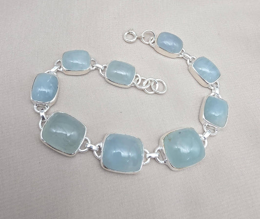 Natural Aquamarine Bracelet 925 Silver Blue Cabochon Gemstone Bracelet March Birthstone Gift