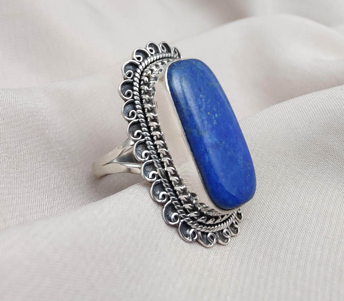 Natural Lapis Lazuli 925 Sterling Silver Ring: Boho September Birthstone Handmade