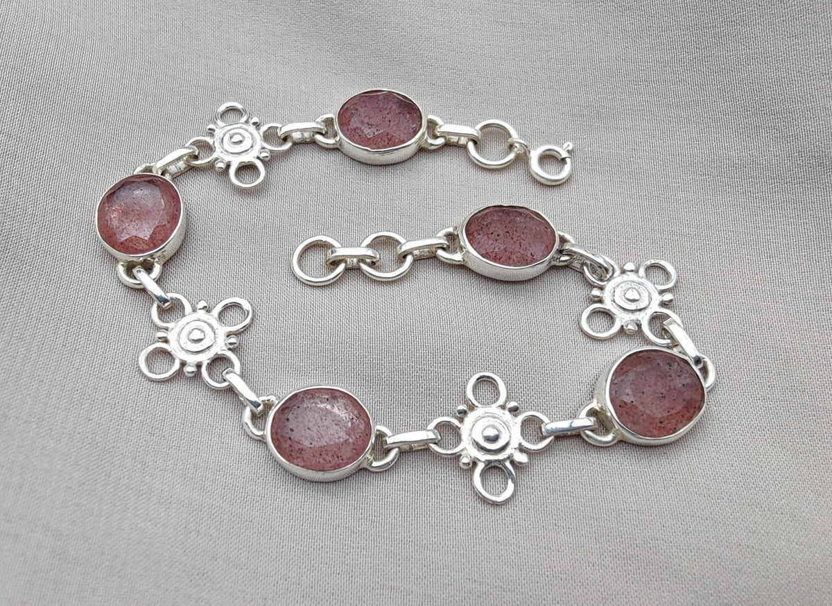 Pink Strawberry Quartz 925 Sterling Silver Bracelet | Handmade Adjustable Gemstone Jewelry Gift for Women