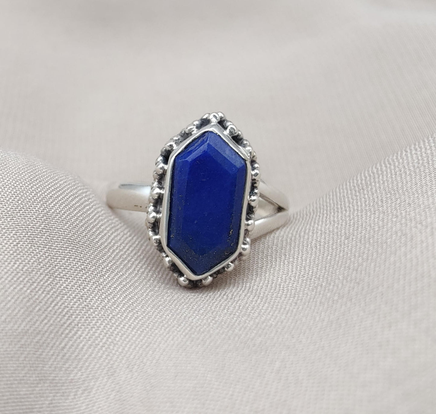 Natural Lapis Lazuli 925 Sterling Silver Ring: Handmade Hexagon Gemstone, Boho Jewelry