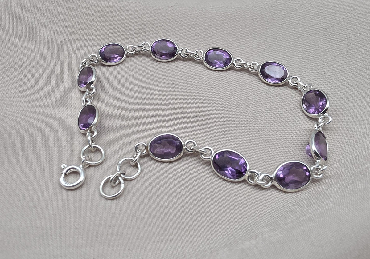 925 Sterling Silver Amethyst Bracelet Natural Purple Gemstone Oval Link Jewelry