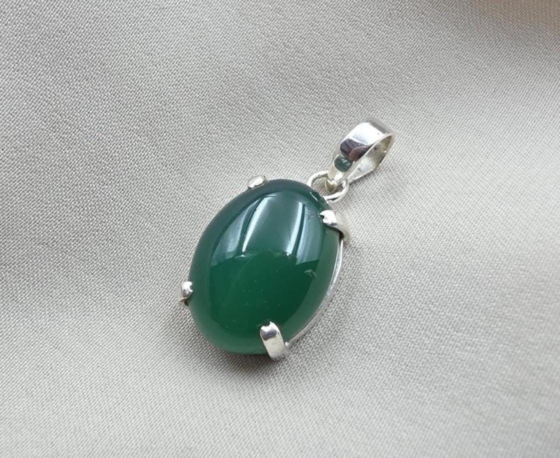 925 Sterling Silver Oval Green Onyx Pendant, Natural Gemstone Charm, Handmade Jewelry