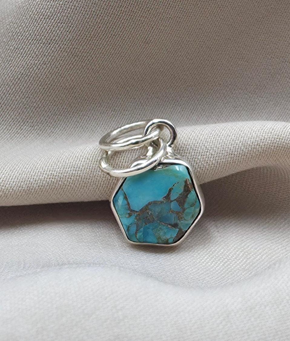 925 Sterling Silver Blue Copper Turquoise Hexagon Pendant Handmade Jewelry