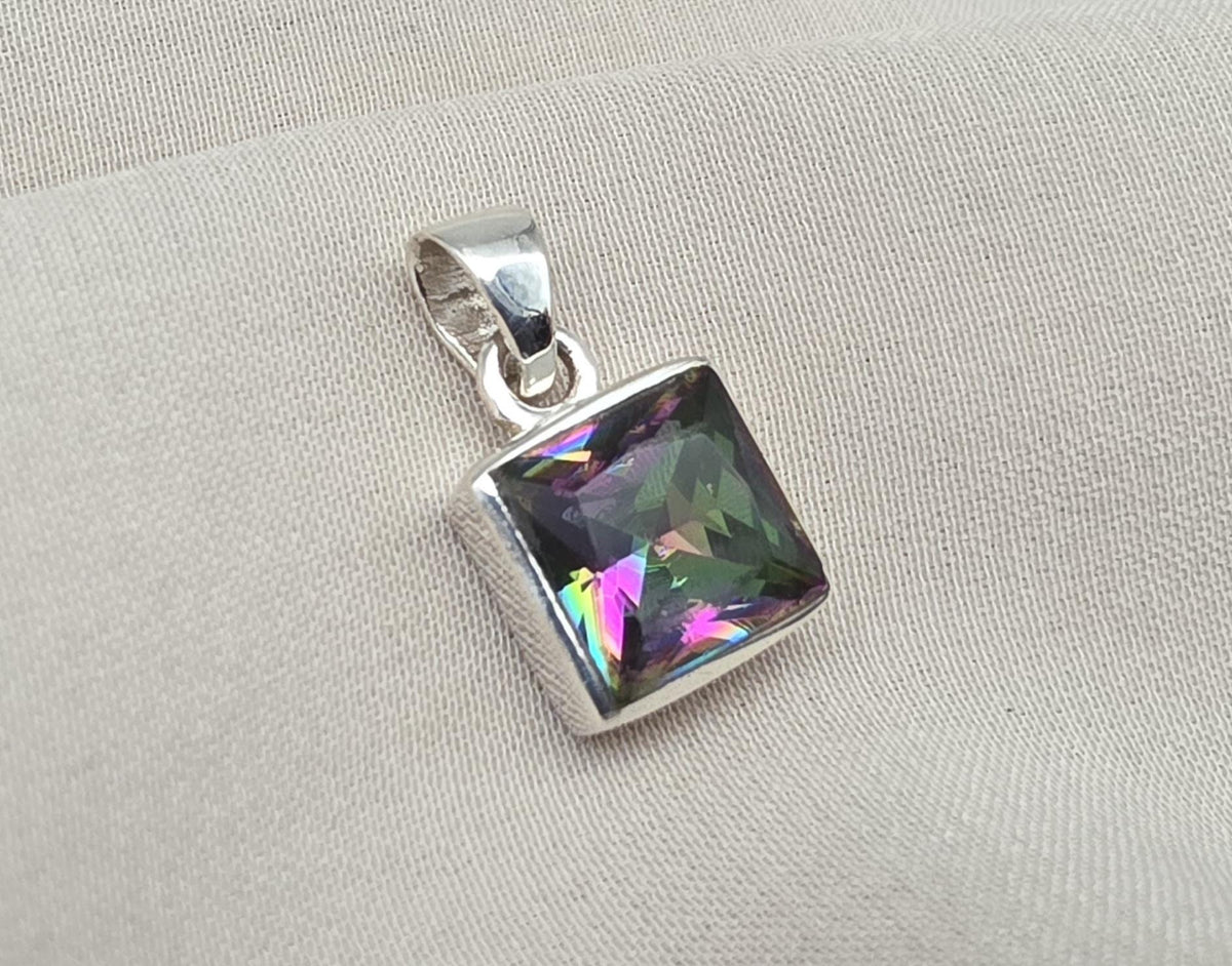 Mystic Topaz Pendant: 925 Sterling Silver Jewelry Handmade Square Gemstone Necklace Gift for Her