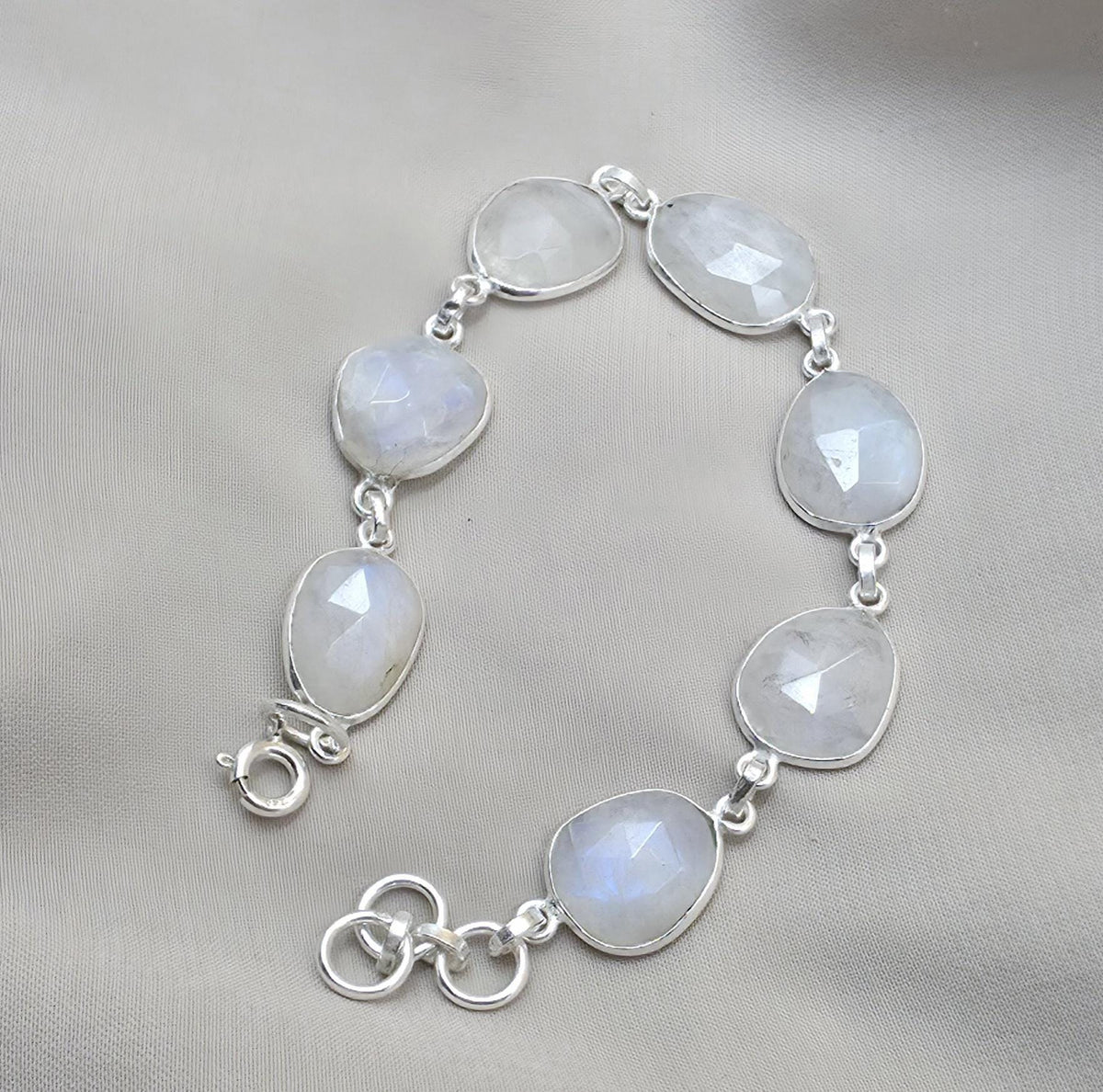 Rainbow Moonstone 925 Sterling Silver Bracelet Natural Handmade