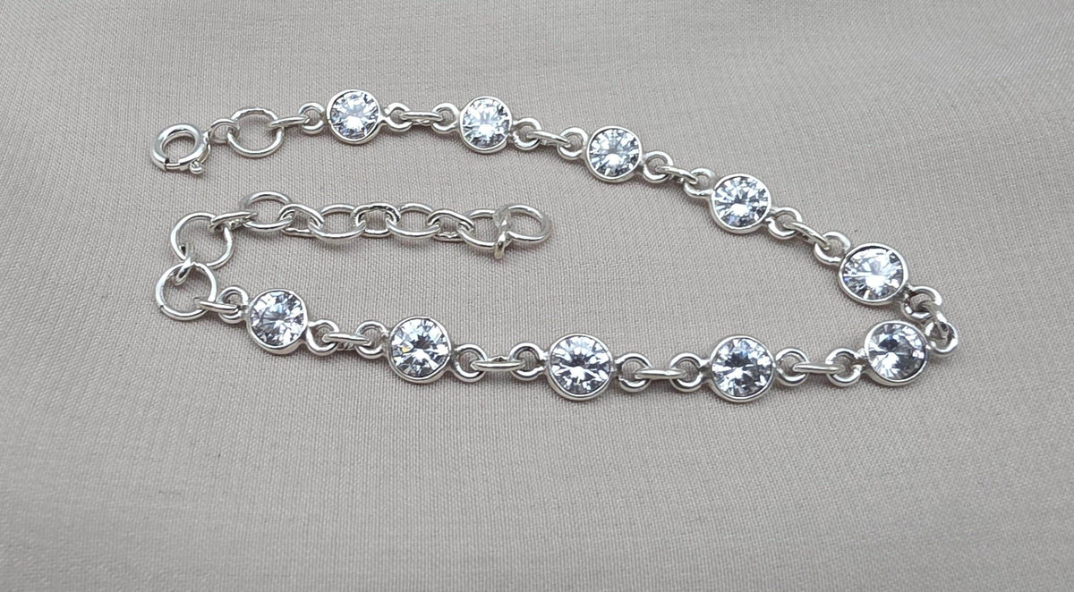 925 Sterling Silver Zircon Bracelet Minimal Sparkle Round Link Jewelry
