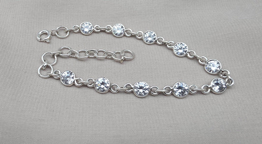 925 Sterling Silver Zircon Bracelet Minimal Sparkle Round Link Jewelry