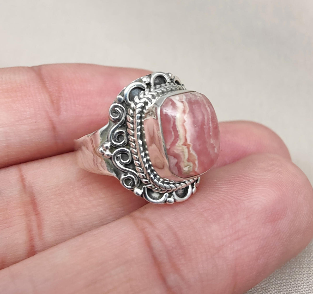 Handmade Rhodochrosite Sterling Silver Ring: Boho October Birthstone
