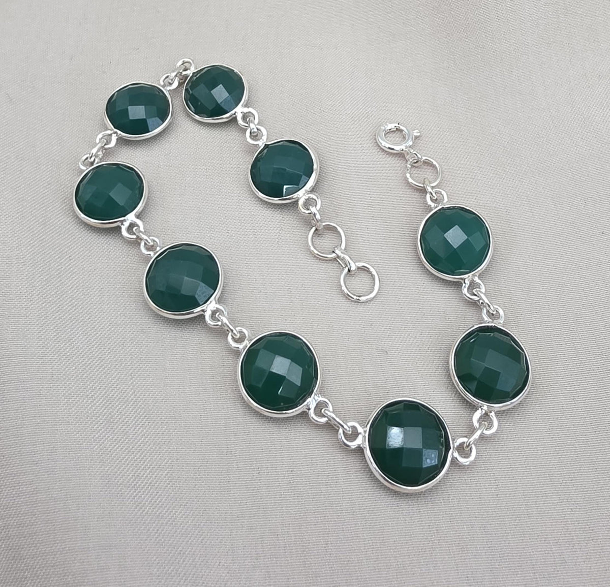 Green Onyx Bracelet 925 Sterling Silver Faceted Round Stone Link Bracelet Handmade Jewelry