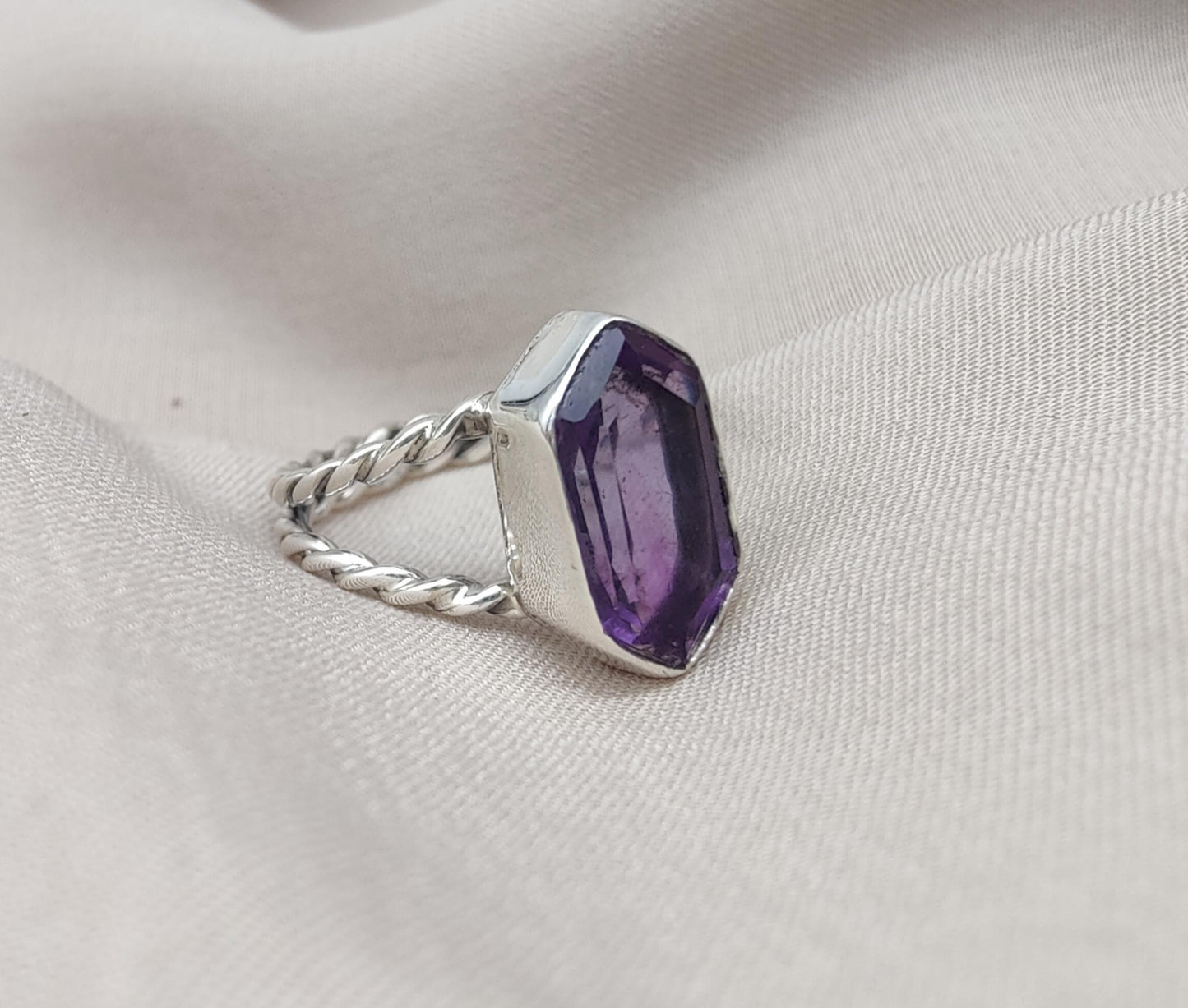 Amethyst Hexagon 925 Sterling Silver Ring: Twisted Band, Spiritual Jewelry
