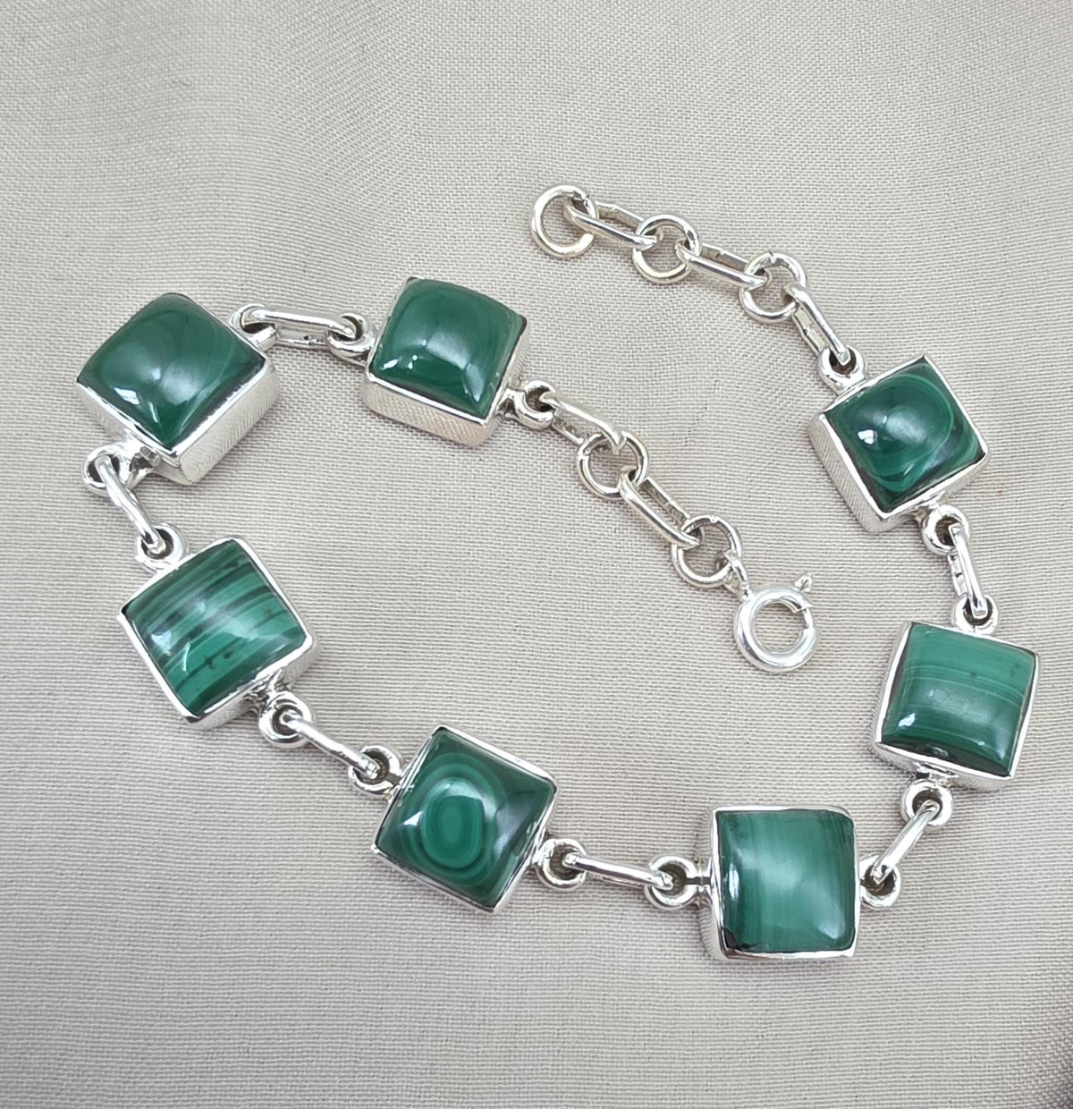 Malachite Bracelet 925 Sterling Silver Square Cabochon Link Bracelet Green Gemstone Handmade Jewelry Gift