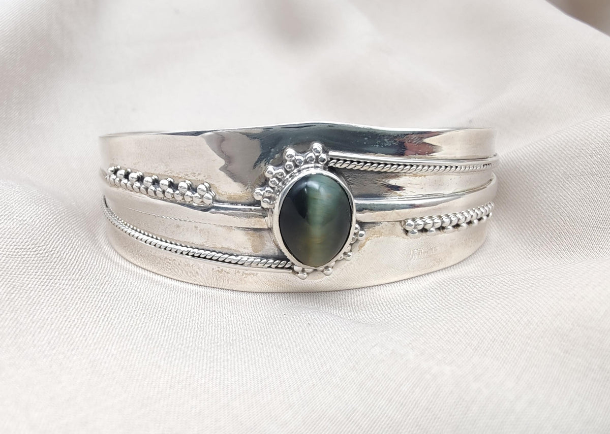 Cat's Eye Sterling Silver Cuff Bangle: Handmade Boho Jewelry