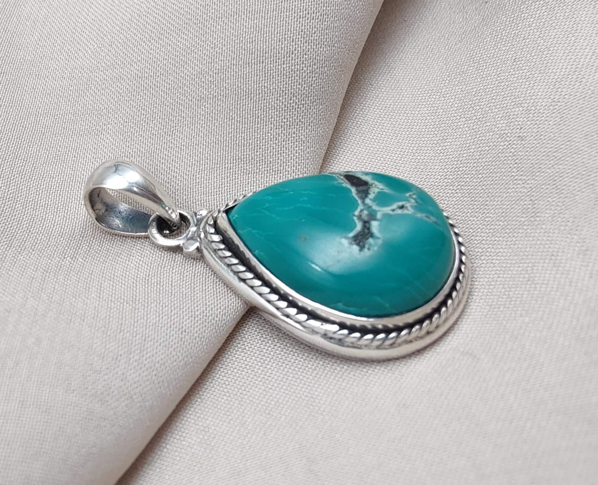 Tibetan Turquoise Pear Pendant: Sterling Silver Boho Necklace