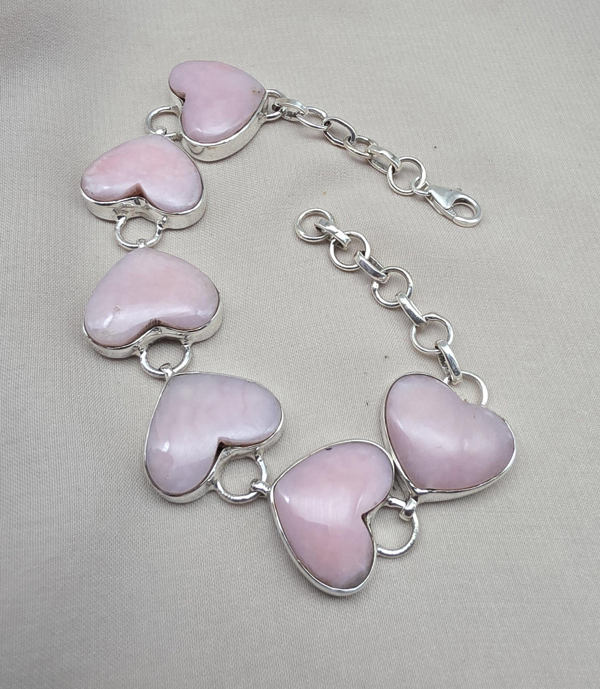 Pink Opal Heart Bracelet, 925 Sterling Silver, Handmade