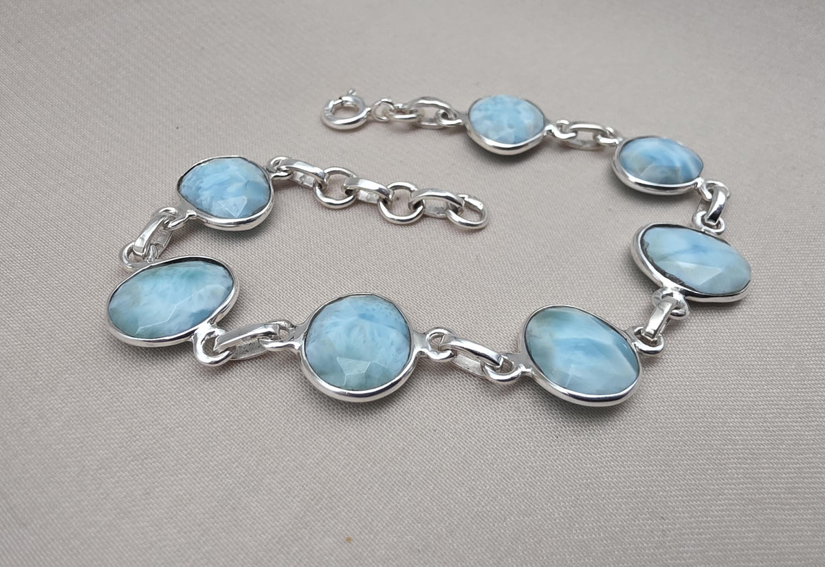 Natural Larimar Handmade  Bracelet : 925 Sterling Silver Blue Gemstone Adjustable Bracelet