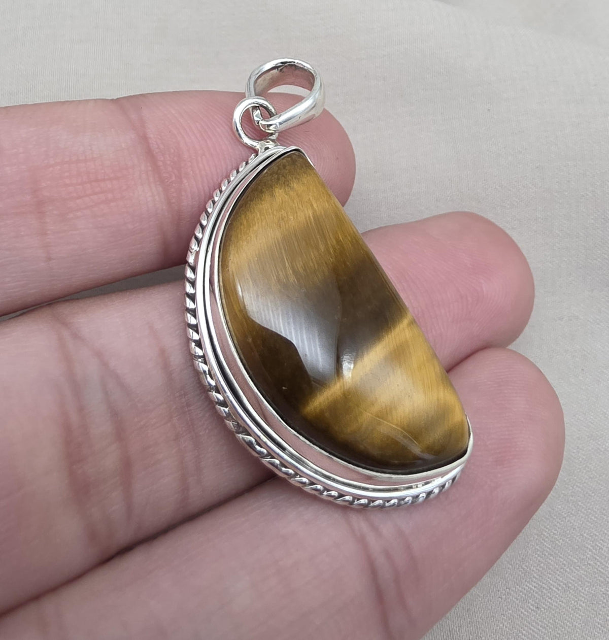 Half Moon Tiger Eye Pendant: 925 Sterling Silver Protection Gemstone Necklace Courage Jewelry