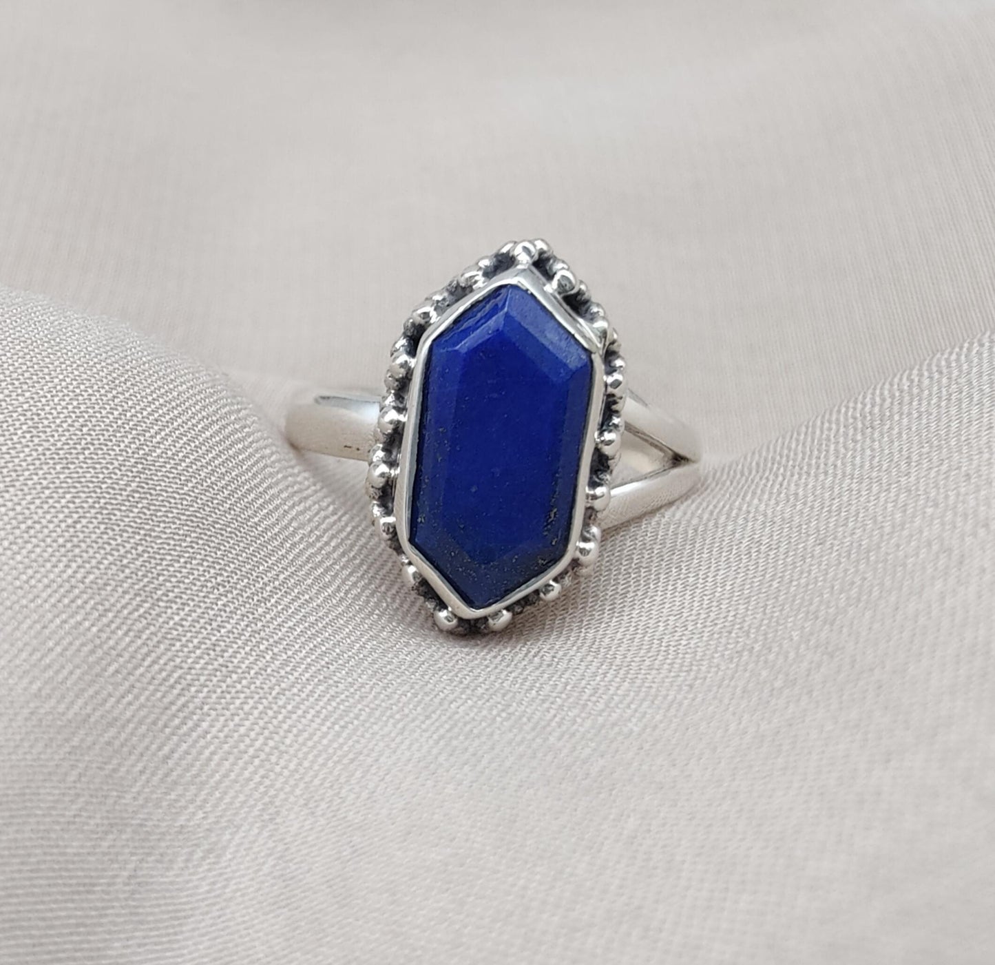 Natural Lapis Lazuli 925 Sterling Silver Ring: Handmade Hexagon Gemstone, Boho Jewelry