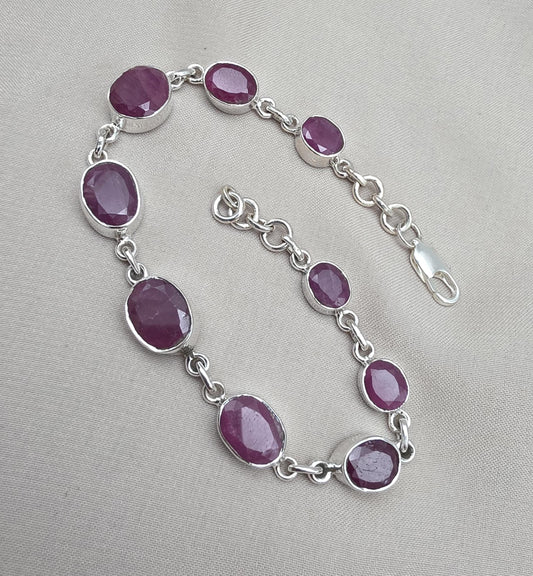 Ruby Oval Link Bracelet 925 Sterling Silver Faceted Gemstone Handmade Red Gemstone Jewelry