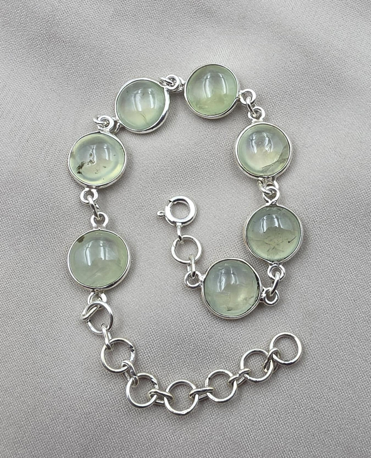 925 Sterling Silver Prehnite Cabochon Link Bracelet Handmade Gemstone Jewelry Gift for Her