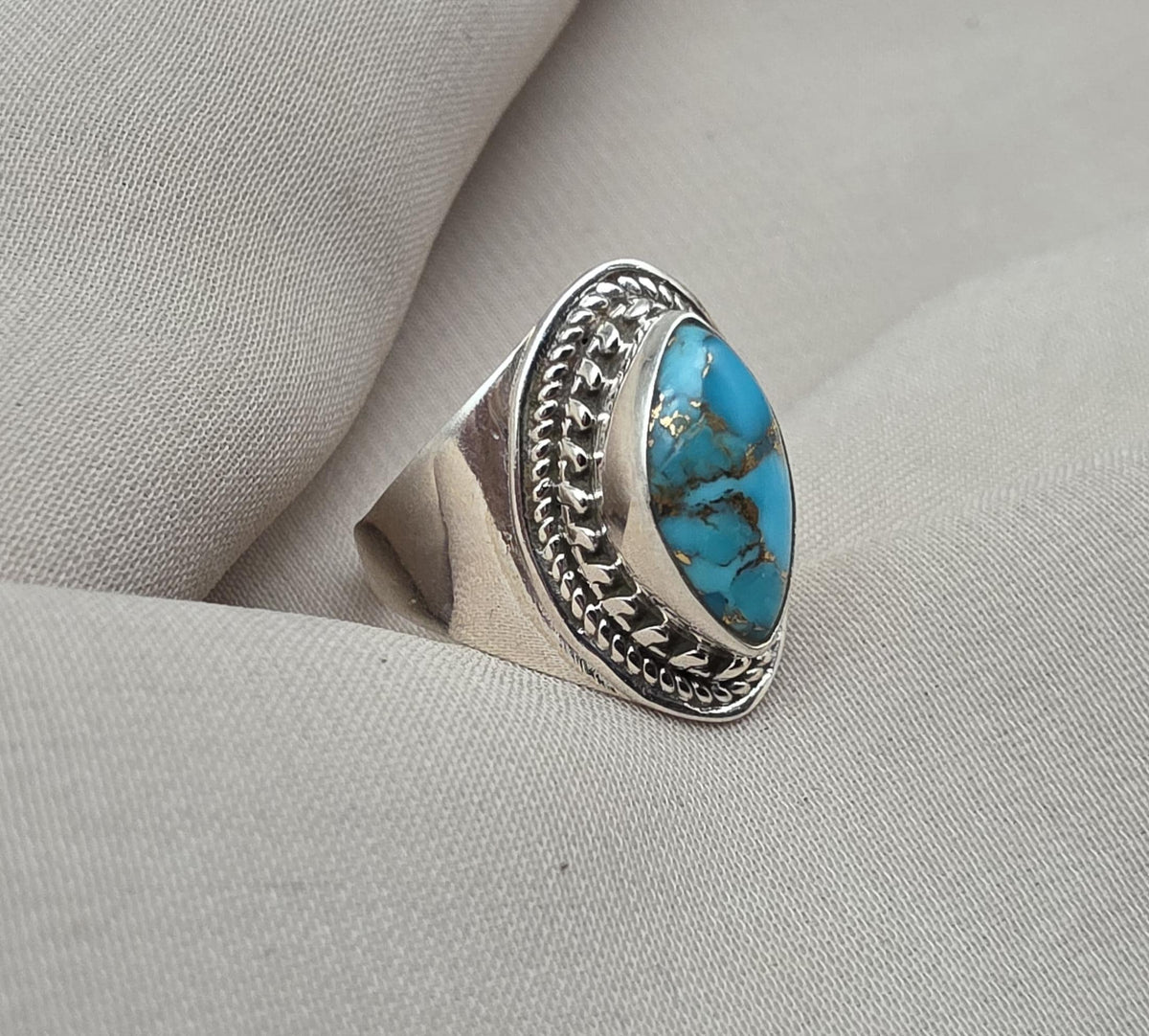 Blue Copper Turquoise Marquise Ring 925 Sterling Silver Statement Ring December Birthstone Gift