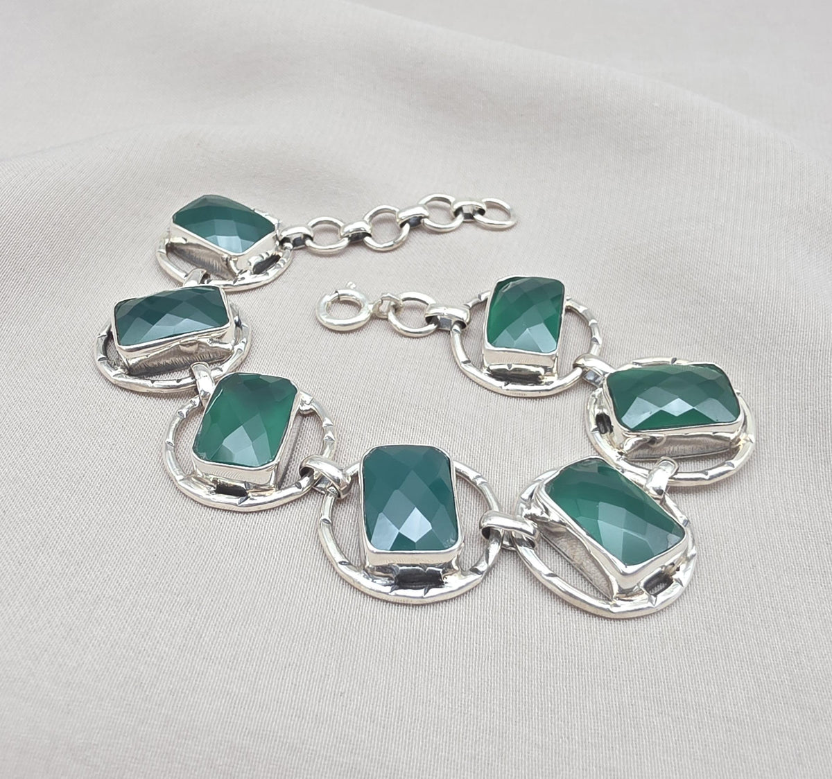 925 Sterling Silver Green Onyx Bracelet Bold Statement Gemstone Link Bracelet Gift for Her