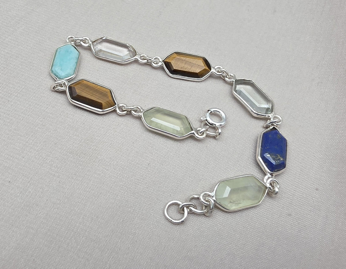 Multi Gemstone Bracelet 925 Silver Colorful Stone Jewelry Hexagon Gemstone Gift for Her