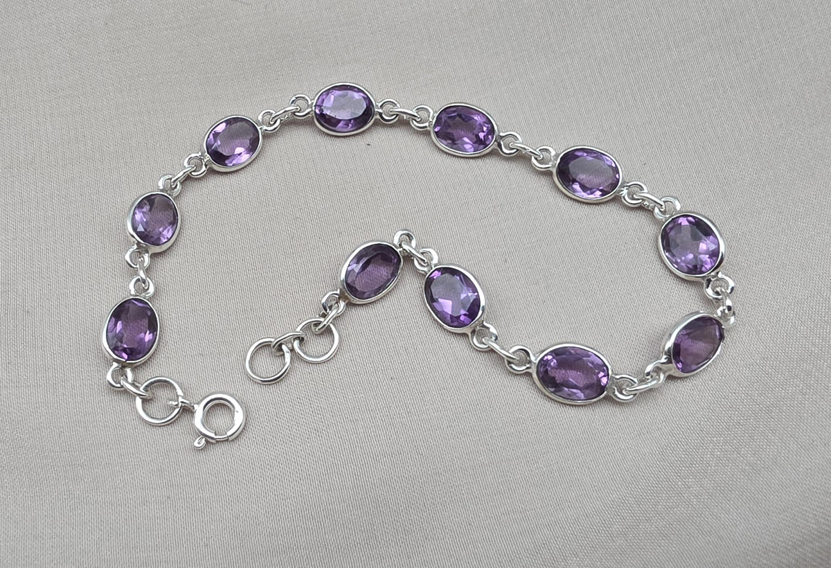 925 Sterling Silver Amethyst Bracelet Natural Purple Gemstone Oval Link Jewelry