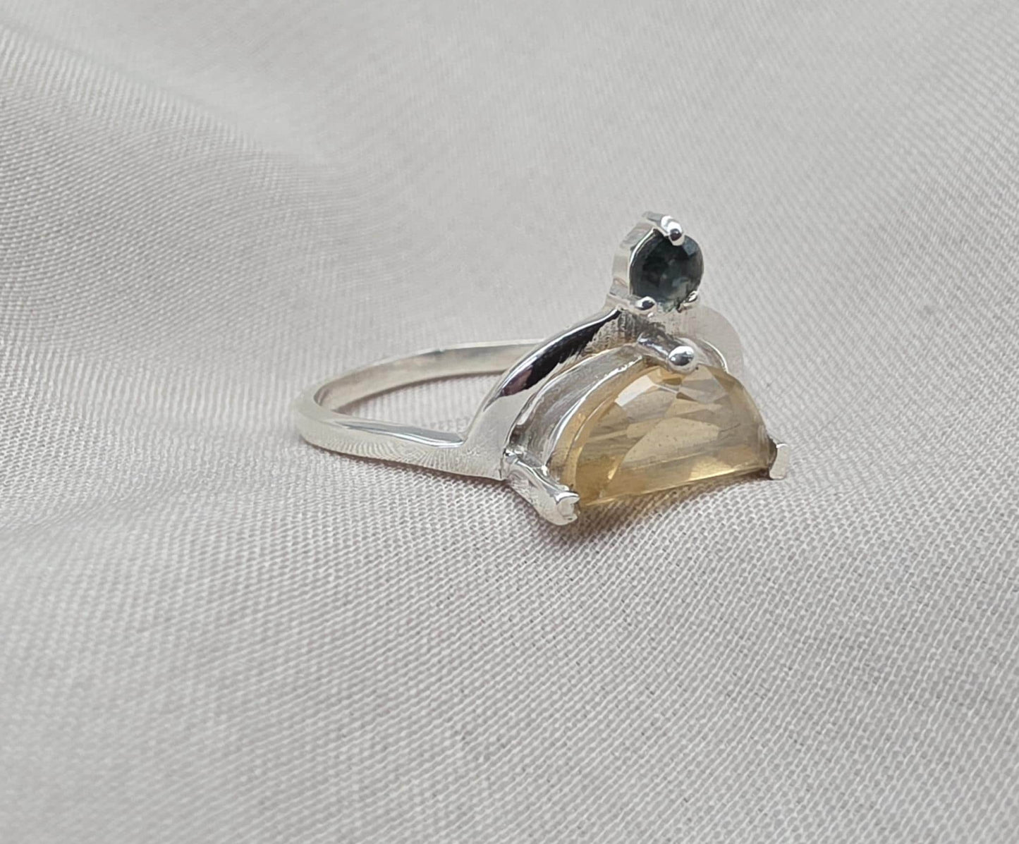 Citrine Ring 925 Sterling Silver Dual Stone Moss Agate Statement Ring