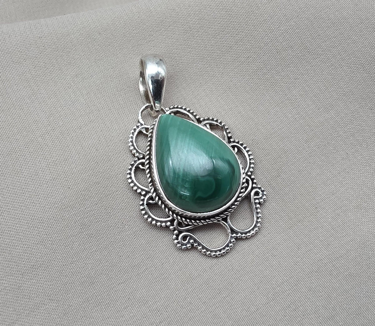 Teardrop Malachite Pendant: 925 Sterling Silver Healing Crystal Necklace