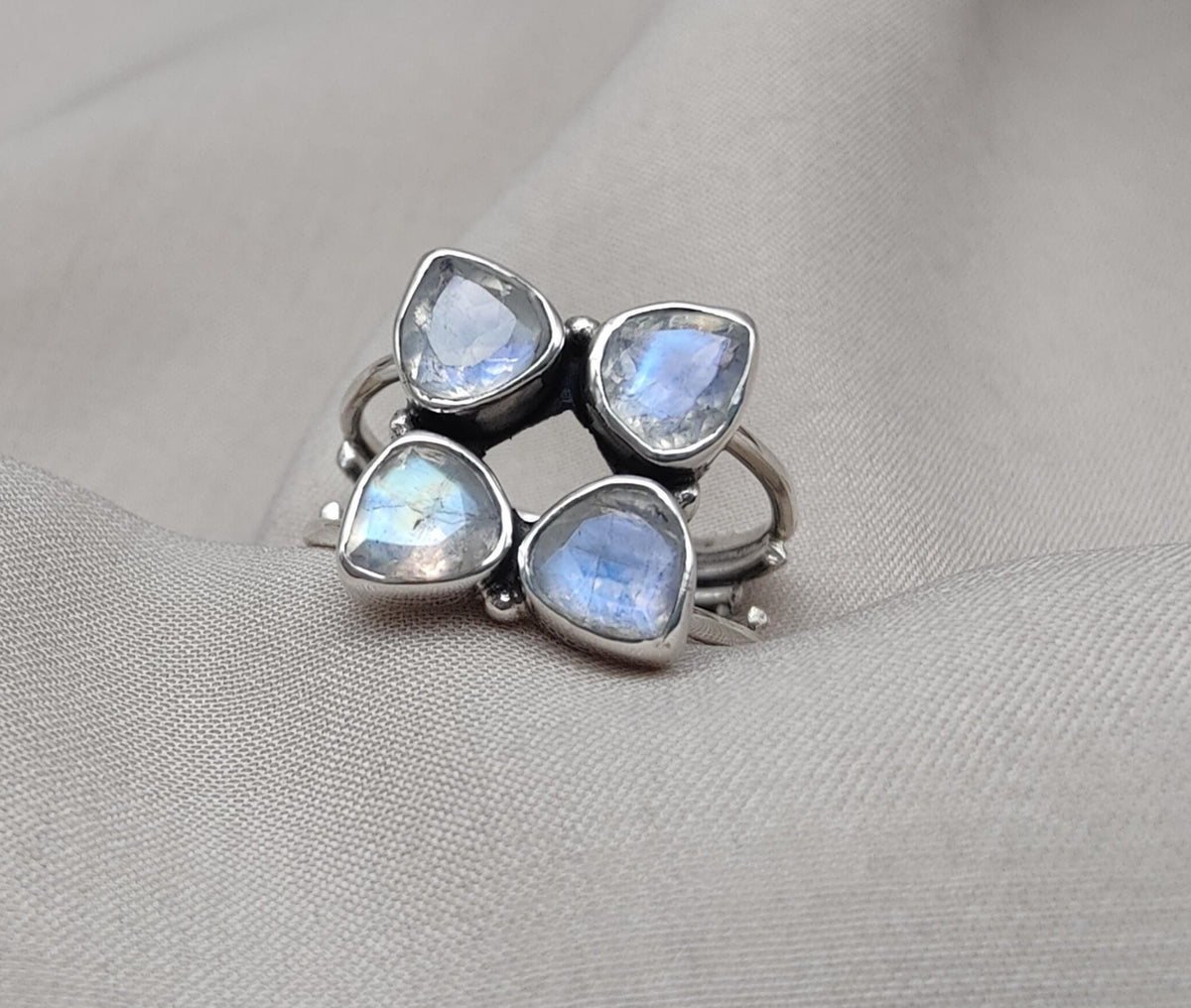 Rainbow Moonstone Floral Cluster Ring: Handmade 925 Sterling Silver