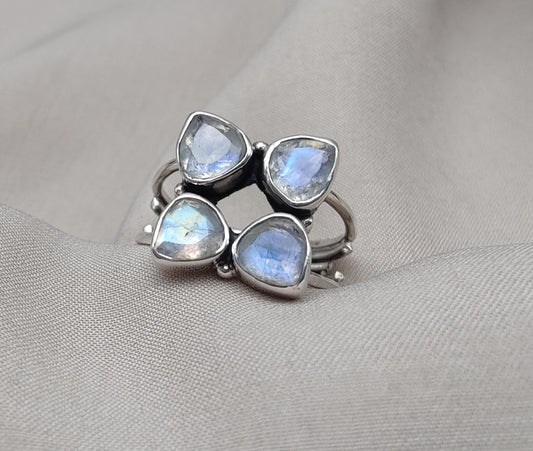 Rainbow Moonstone Floral Cluster Ring: Handmade 925 Sterling Silver