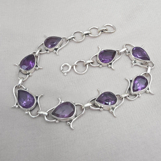 925 Sterling Silver Amethyst Bracelet Pear Shape Purple Gemstone Link Bracelet Gift for Her